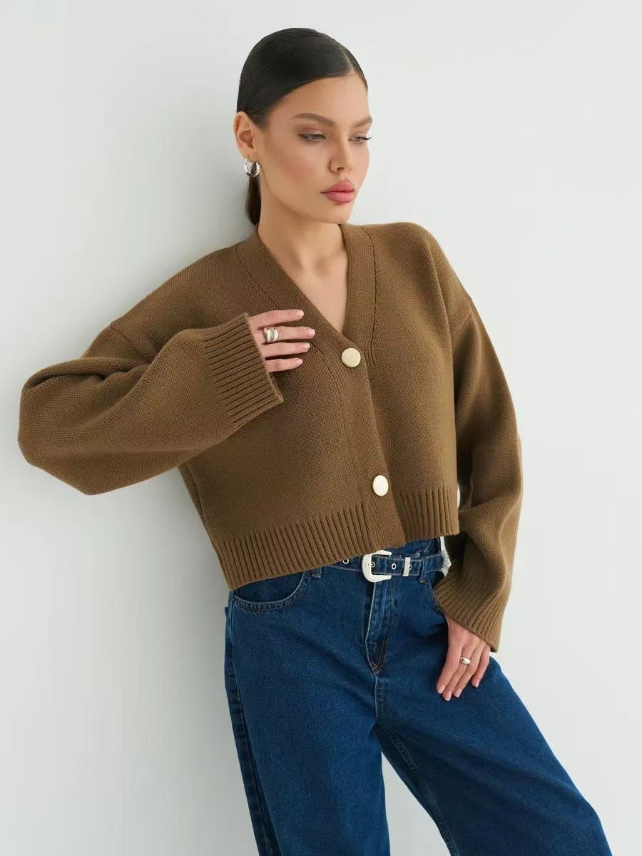 Plain V-Neck Relaxed Knit Cardigan