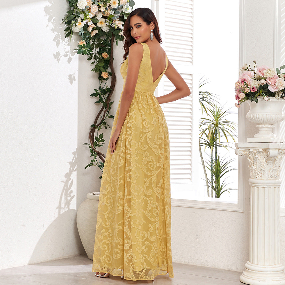 Double V Lace Pattern Swing Maxi Dress