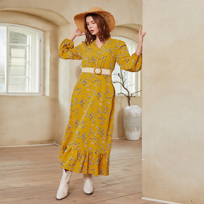 Printed V-Neck Long Sleeve Maxi Dress
