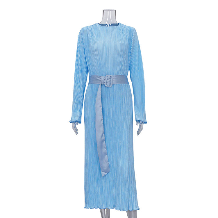 Pleated Belted Office Loose Maxi Dress