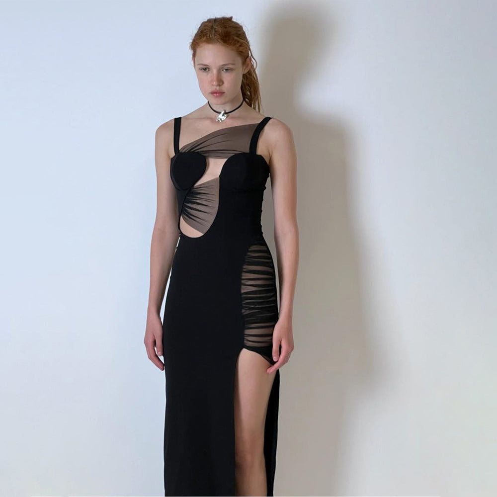 Black Mesh Layered Strap Maxi Dress