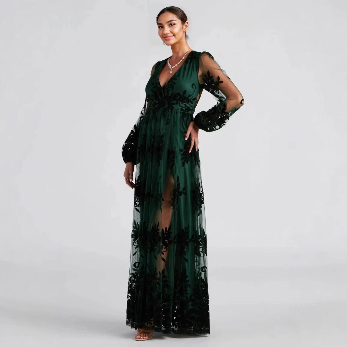 High Split Long Sleeve Evening Elegant Maxi Dress