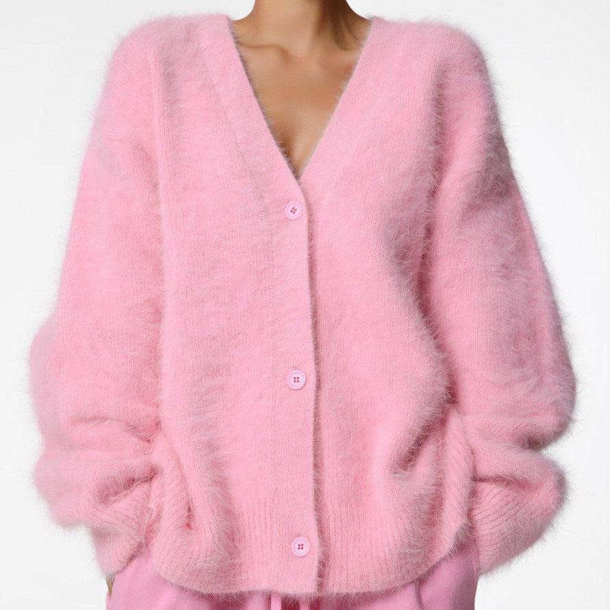 V-Neck Mink Yarn Knit Cardigan