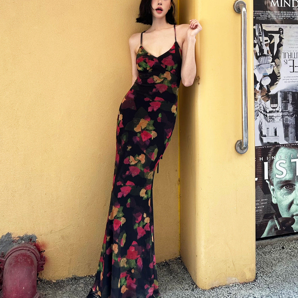 Colorful Floral Fitted Fishtail Maxi Dress