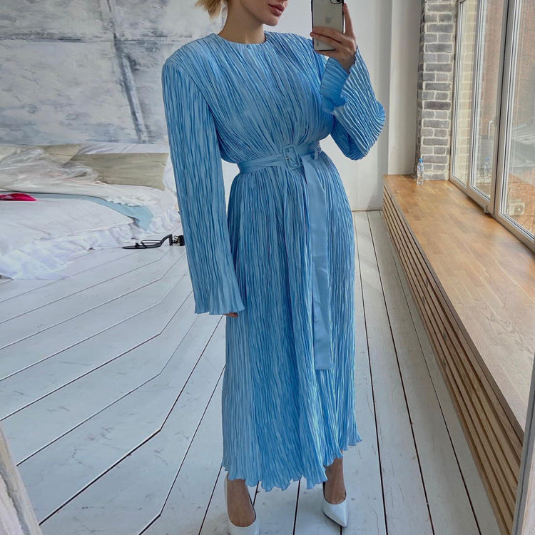 Pleated Belted Office Loose Maxi Dress
