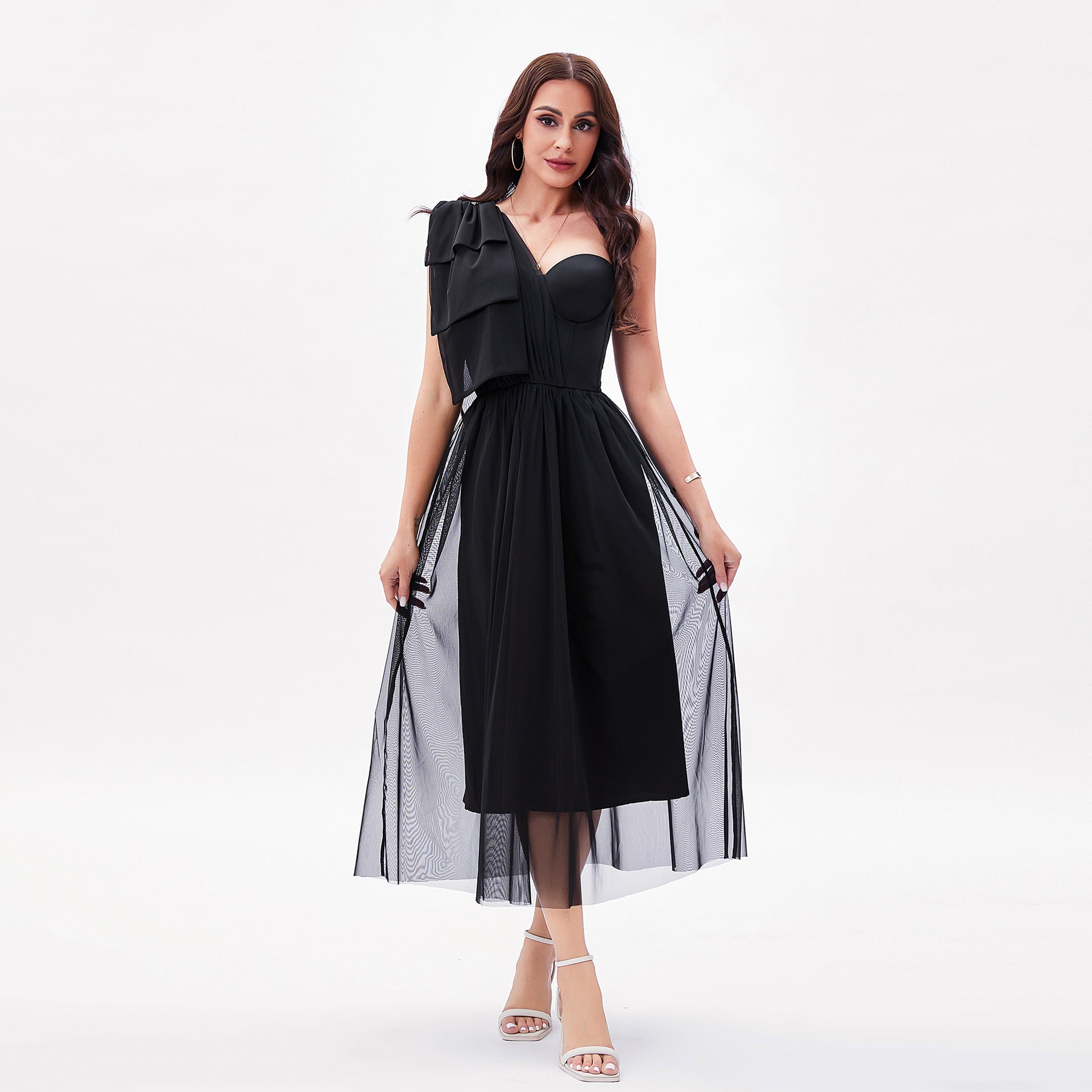 One Shoulder Corset Gauze Swing Maxi Dress