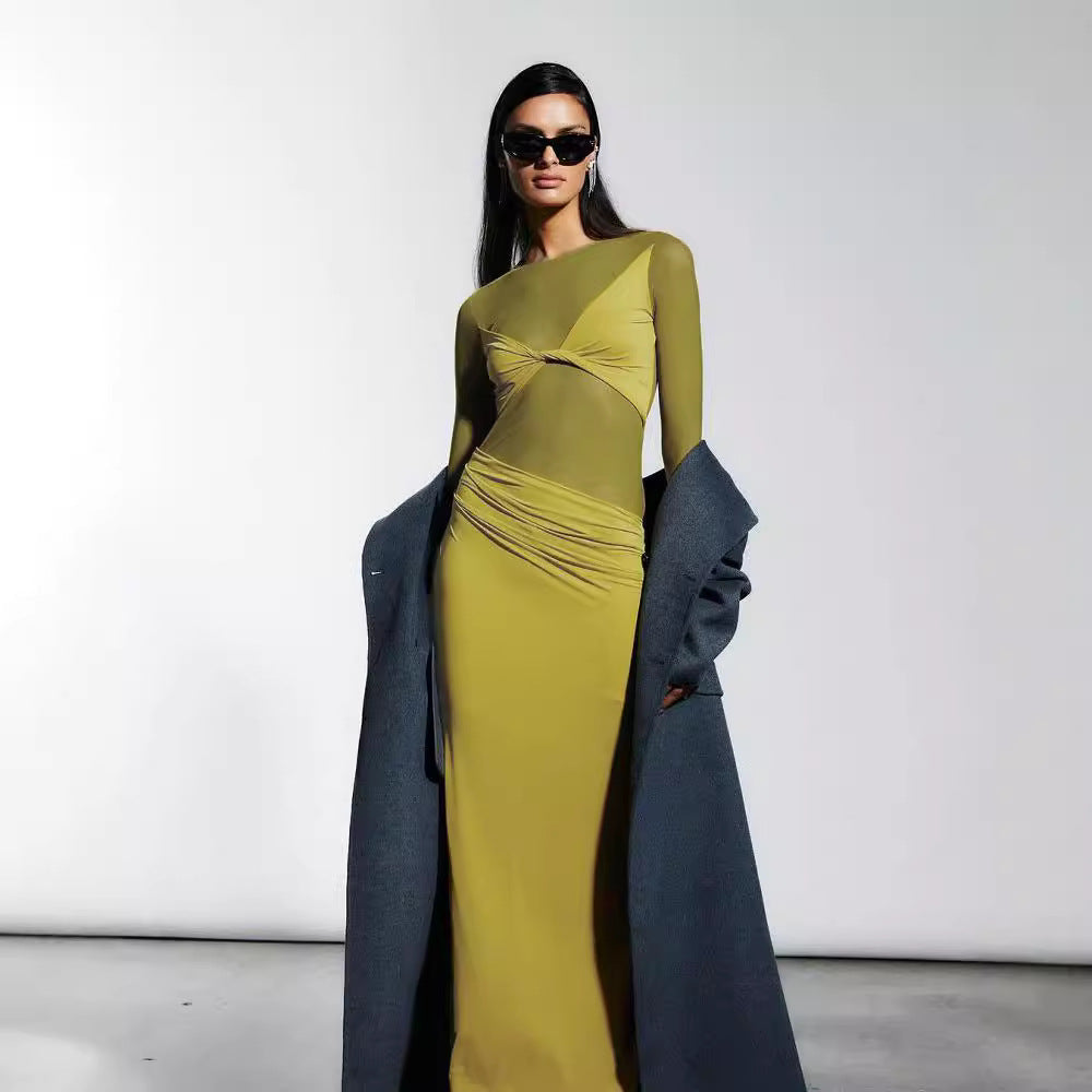 Sheer Mesh Stitch Long Sleeve Maxi Dress