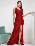 Red Sequined One Shoulder Ruffle Slit Party Dress