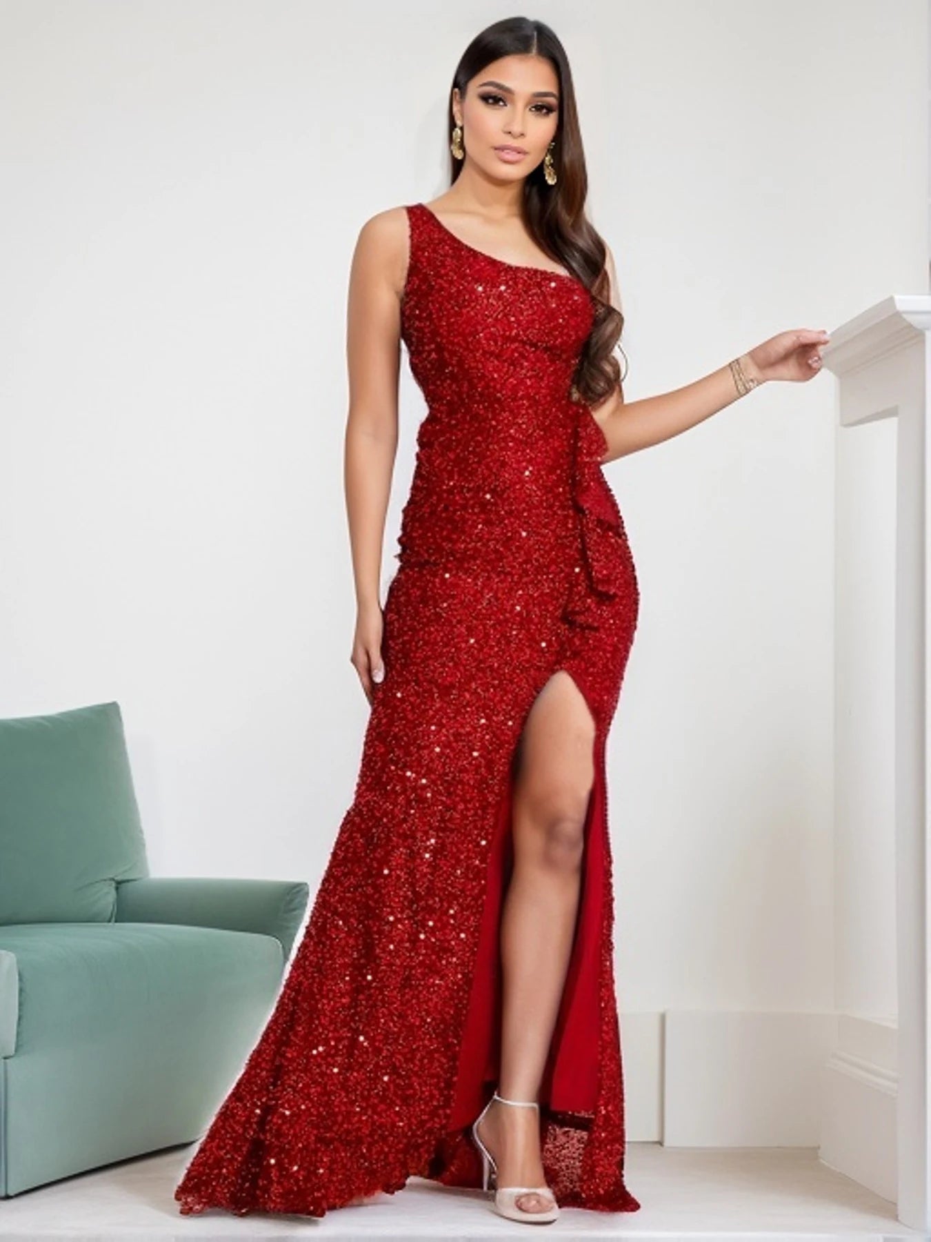 Red Sequined One Shoulder Ruffle Slit Party Dress