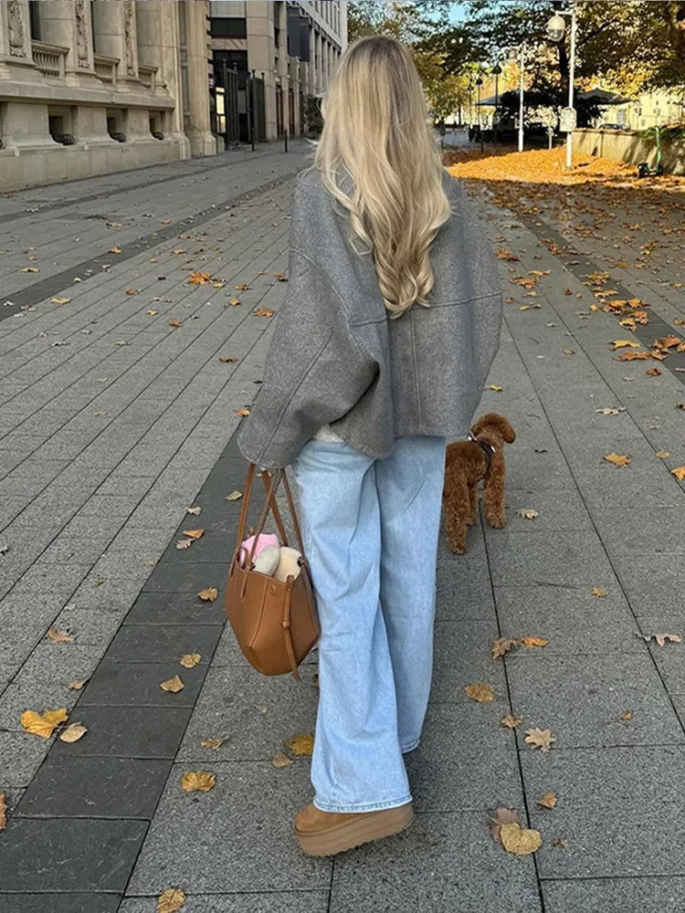 Oversized Grey Drawstring Wool Coat
