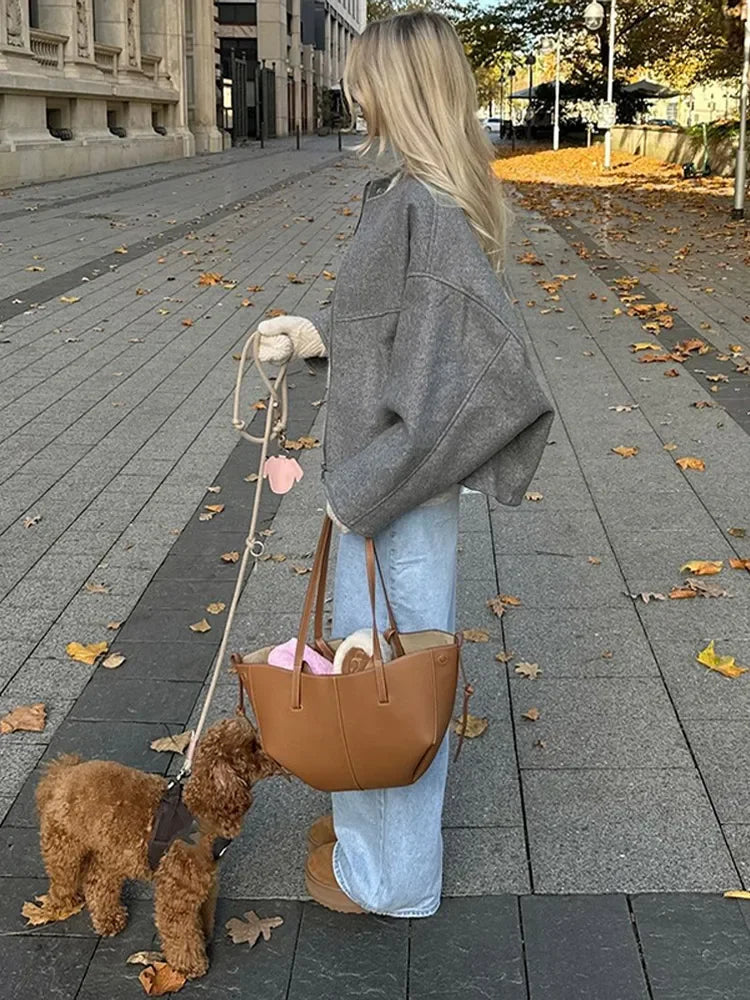Oversized Grey Drawstring Wool Coat