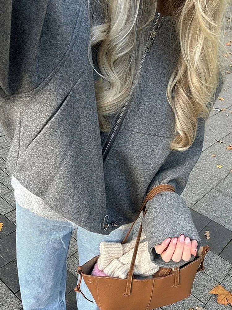Oversized Grey Drawstring Wool Coat