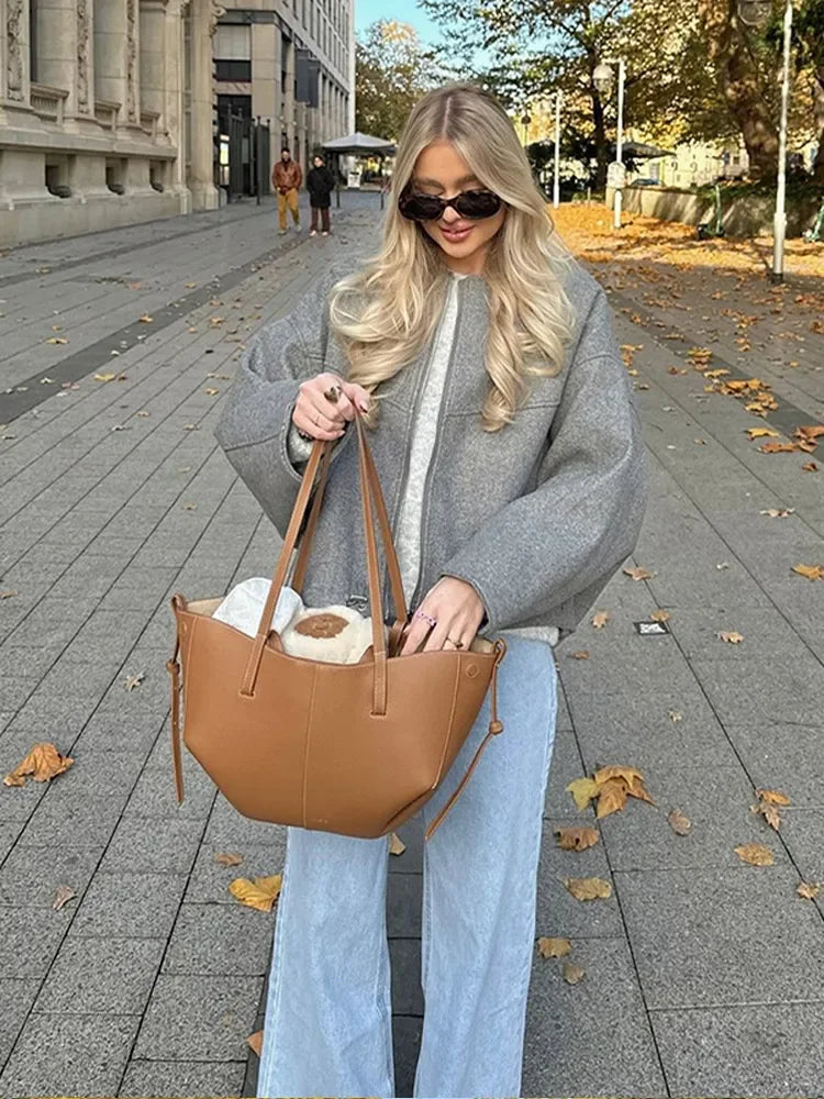 Oversized Grey Drawstring Wool Coat