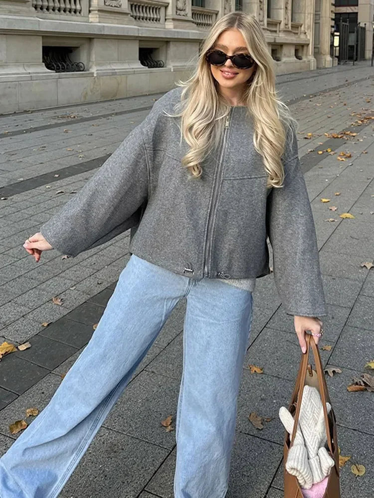 Oversized Grey Drawstring Wool Coat