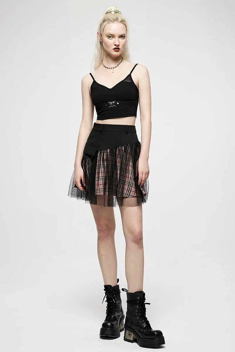 Plaid Mesh Panel College Style Mini Dress
