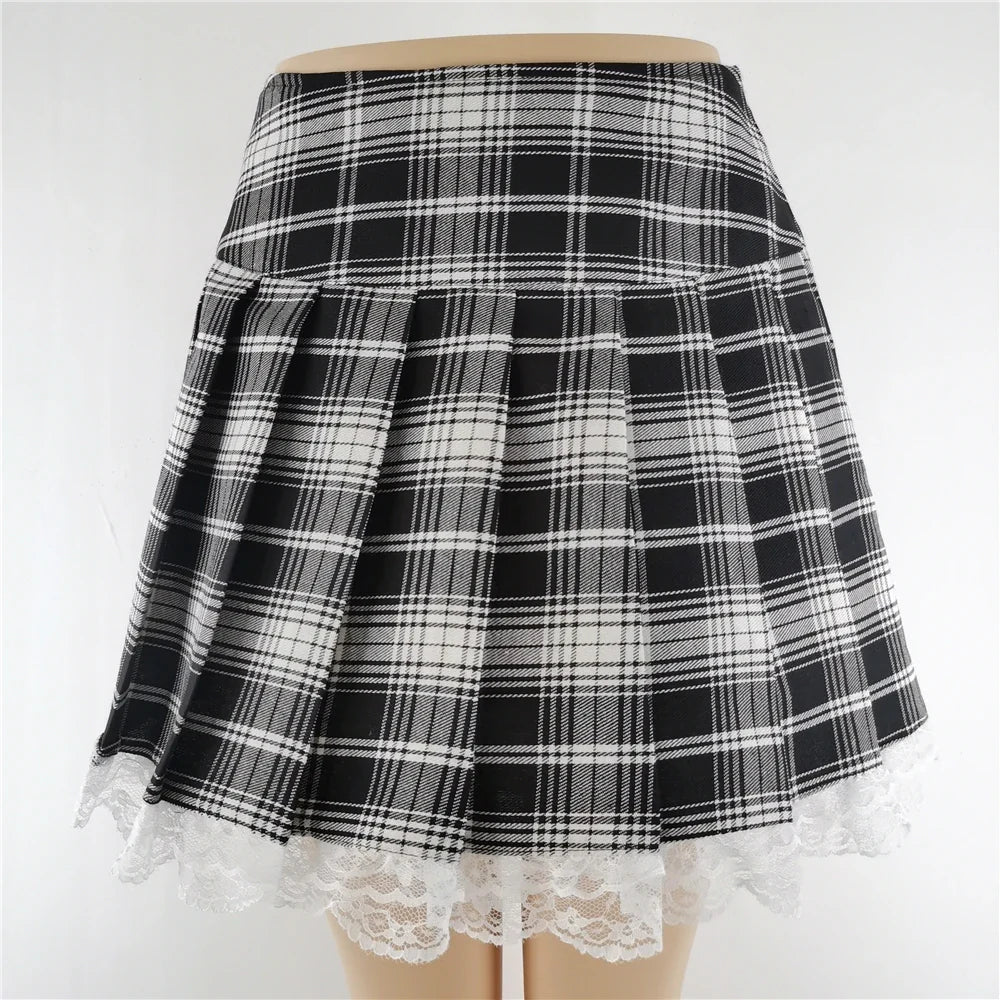 Plaid Contrast Lace Pleated Vintage Skater Mini Dress