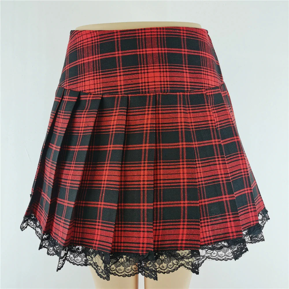 Plaid Contrast Lace Pleated Vintage Skater Mini Dress