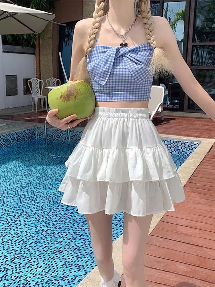 Pleated White Ruffled Preppy Summer Skirt