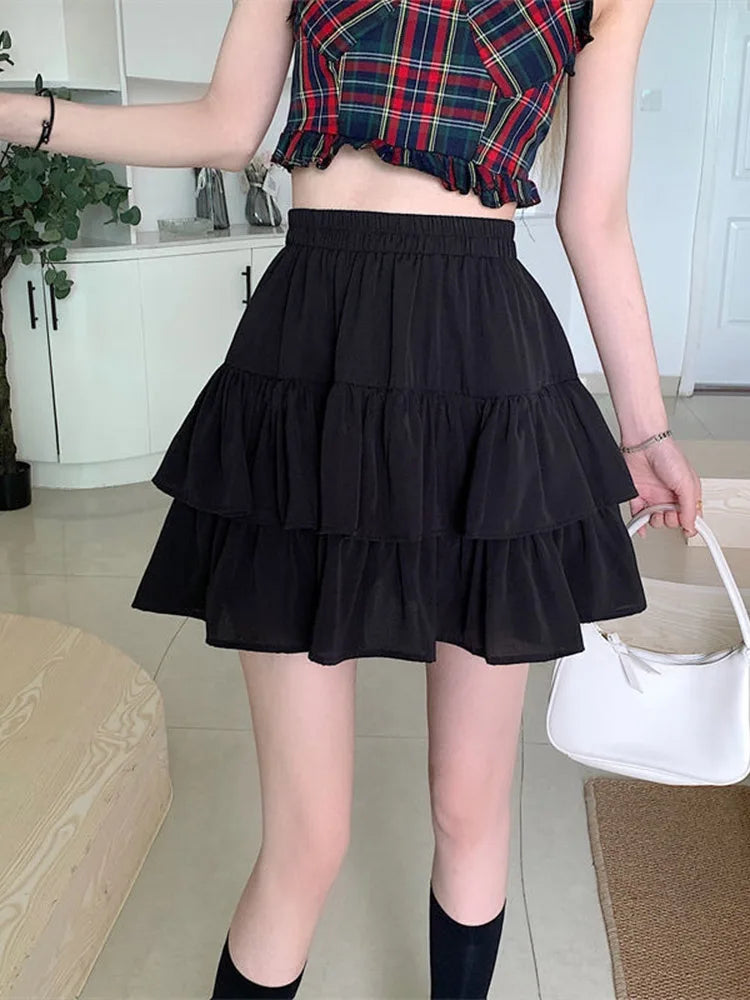 Pleated White Ruffled Preppy Summer Skirt