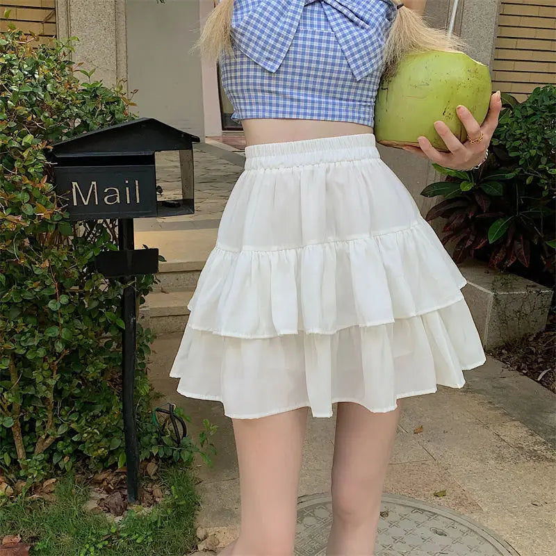 Pleated White Ruffled Preppy Summer Skirt