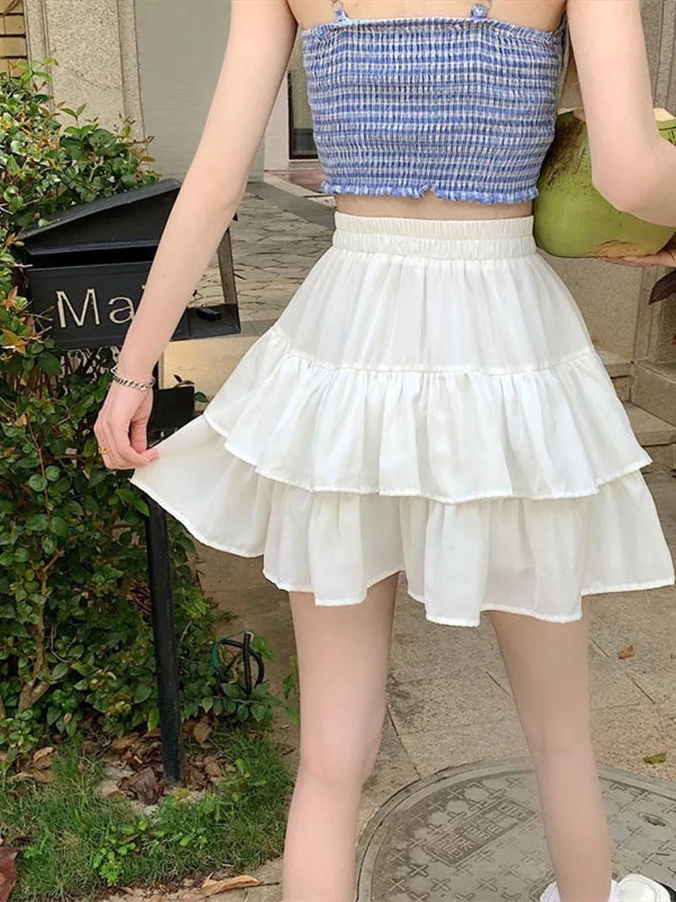 Pleated White Ruffled Preppy Summer Skirt
