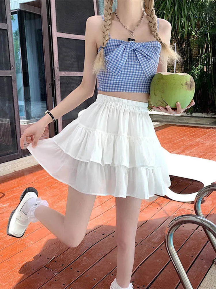 Pleated White Ruffled Preppy Summer Skirt