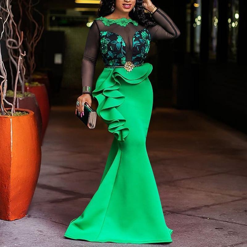 Plus Size Mesh Ruffled Long Sleeve Maxi Dress