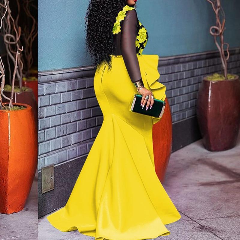 Plus Size Mesh Ruffled Long Sleeve Maxi Dress
