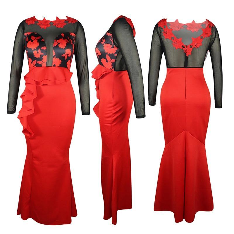 Plus Size Mesh Ruffled Long Sleeve Maxi Dress