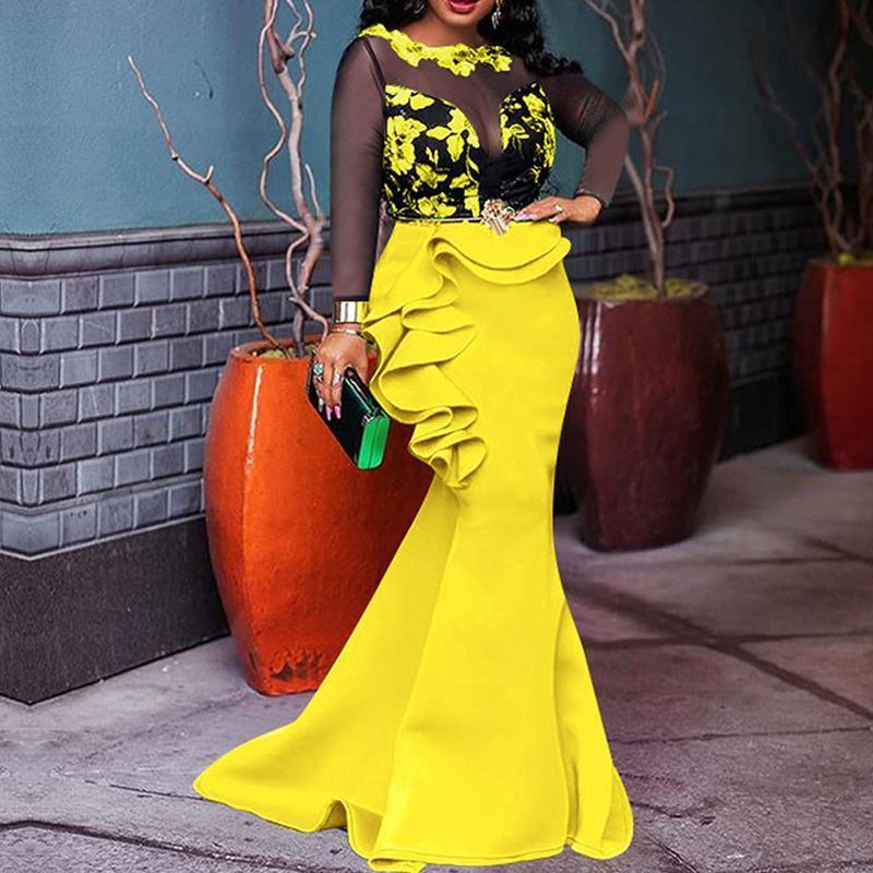 Plus Size Mesh Ruffled Long Sleeve Maxi Dress