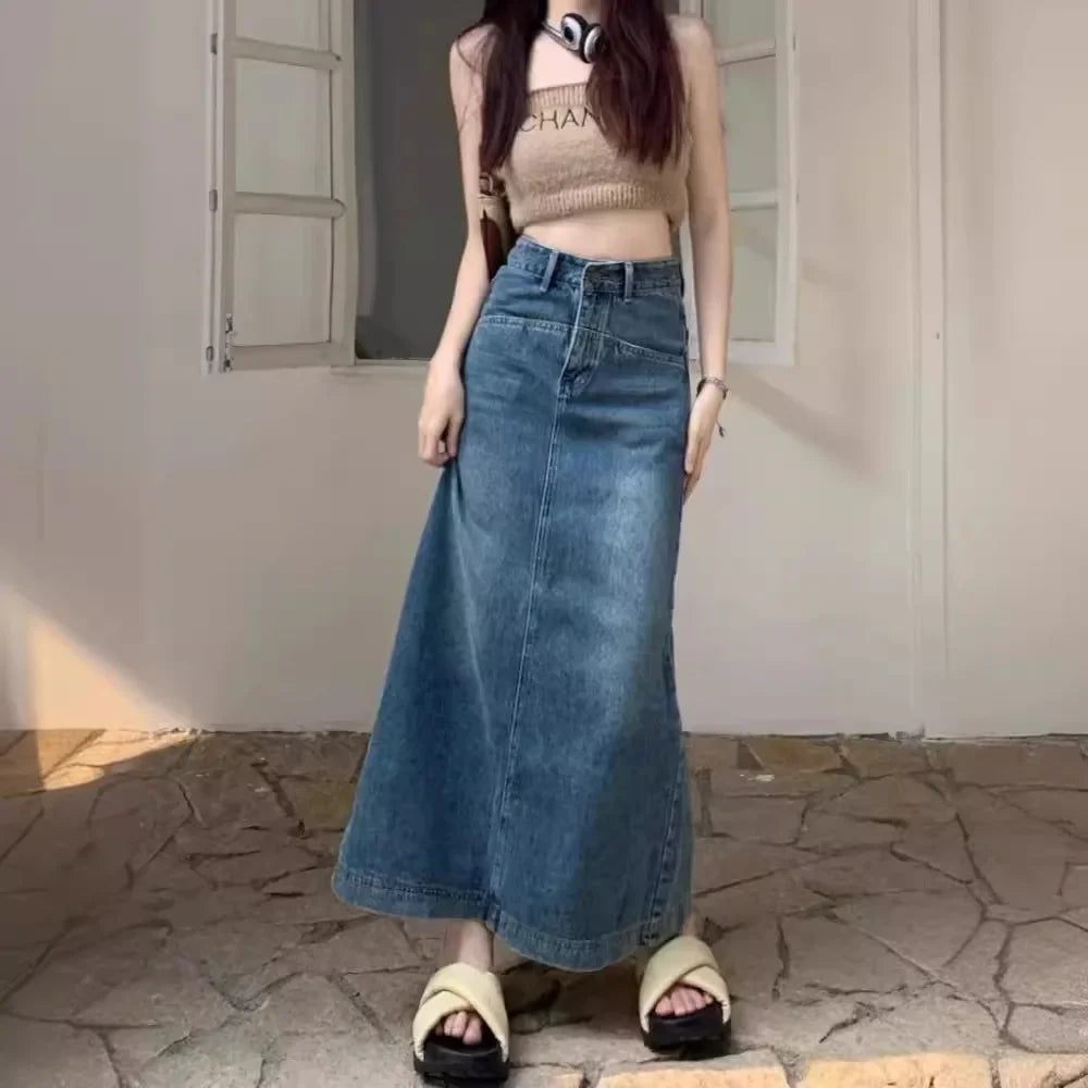 American Side Slit Denim Plus Size Long Skirt