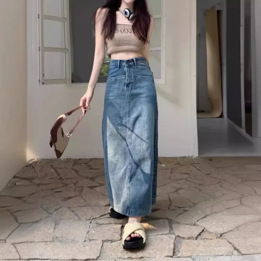 American Side Slit Denim Plus Size Long Skirt