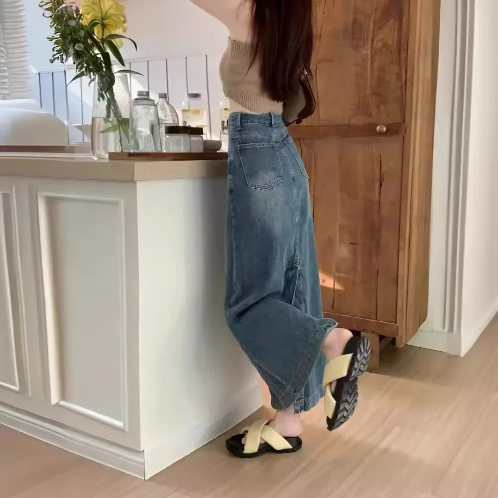 American Side Slit Denim Plus Size Long Skirt
