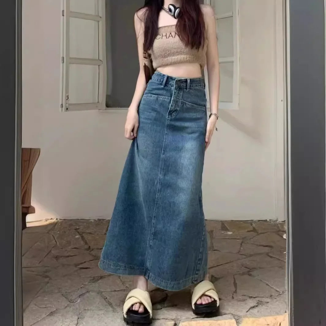 American Side Slit Denim Plus Size Long Skirt