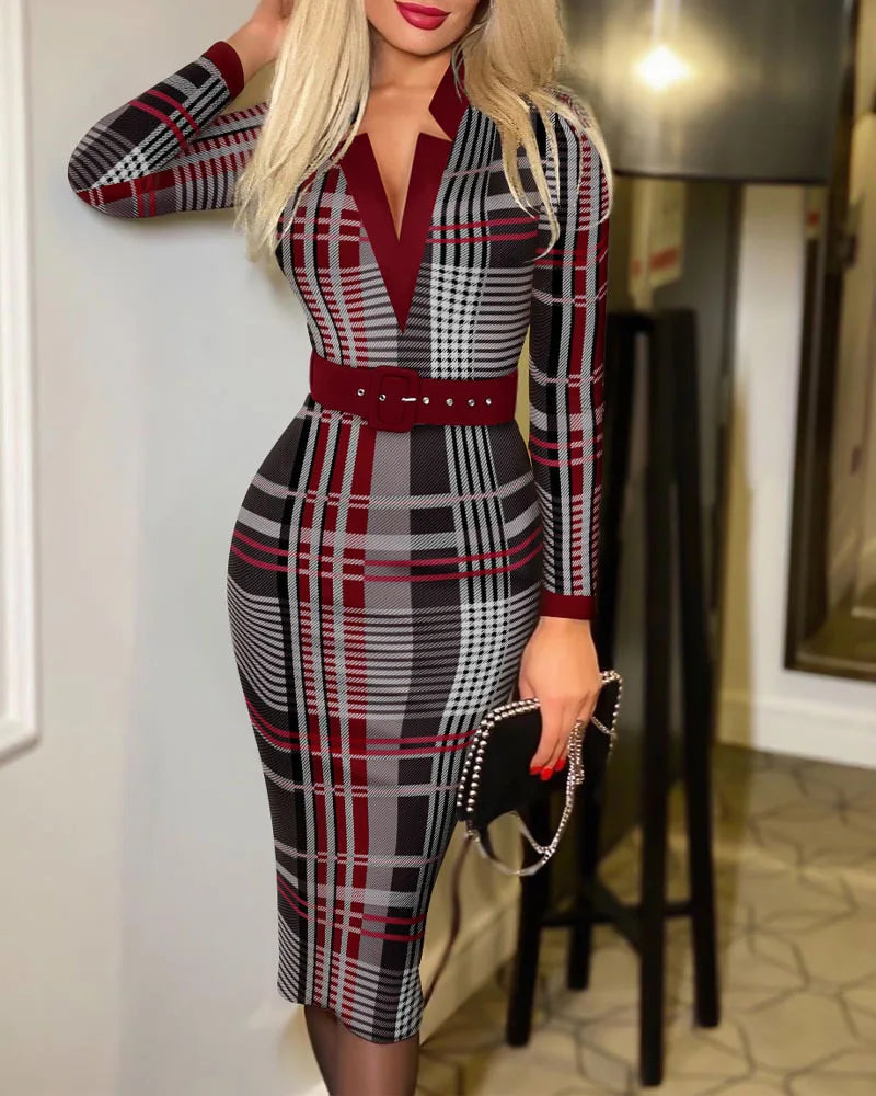 Polka Dot V Neck Long Sleeve Midi Dress