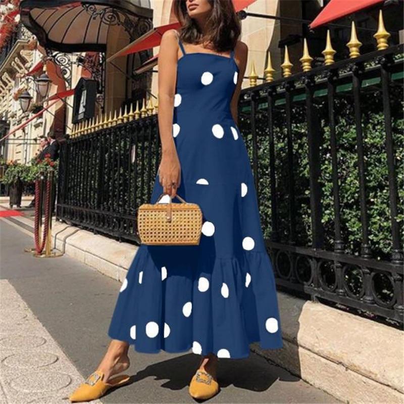 Polka Dot Ruffled Boho Beach Maxi Dress