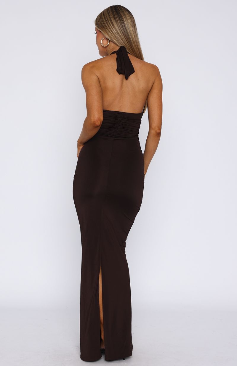 Waste A Moment Halter Chocolate Maxi Dress