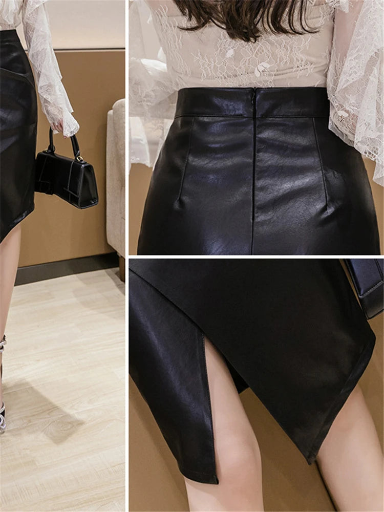 PU Leather Office High Waist Slim Midi Skirt