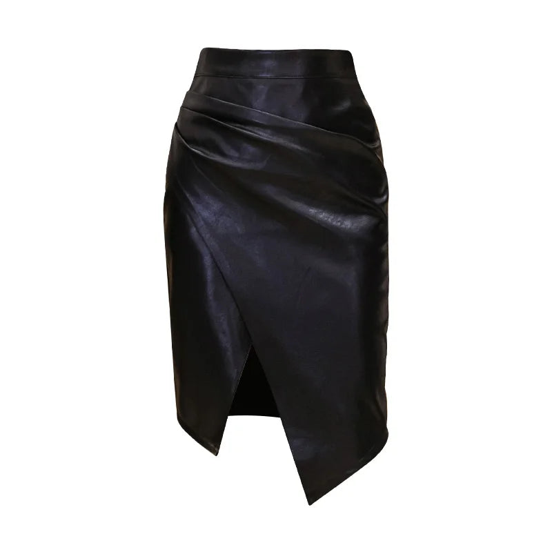 PU Leather Office High Waist Slim Midi Skirt