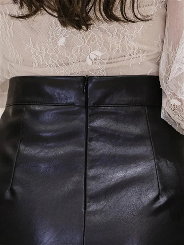 PU Leather Office High Waist Slim Midi Skirt