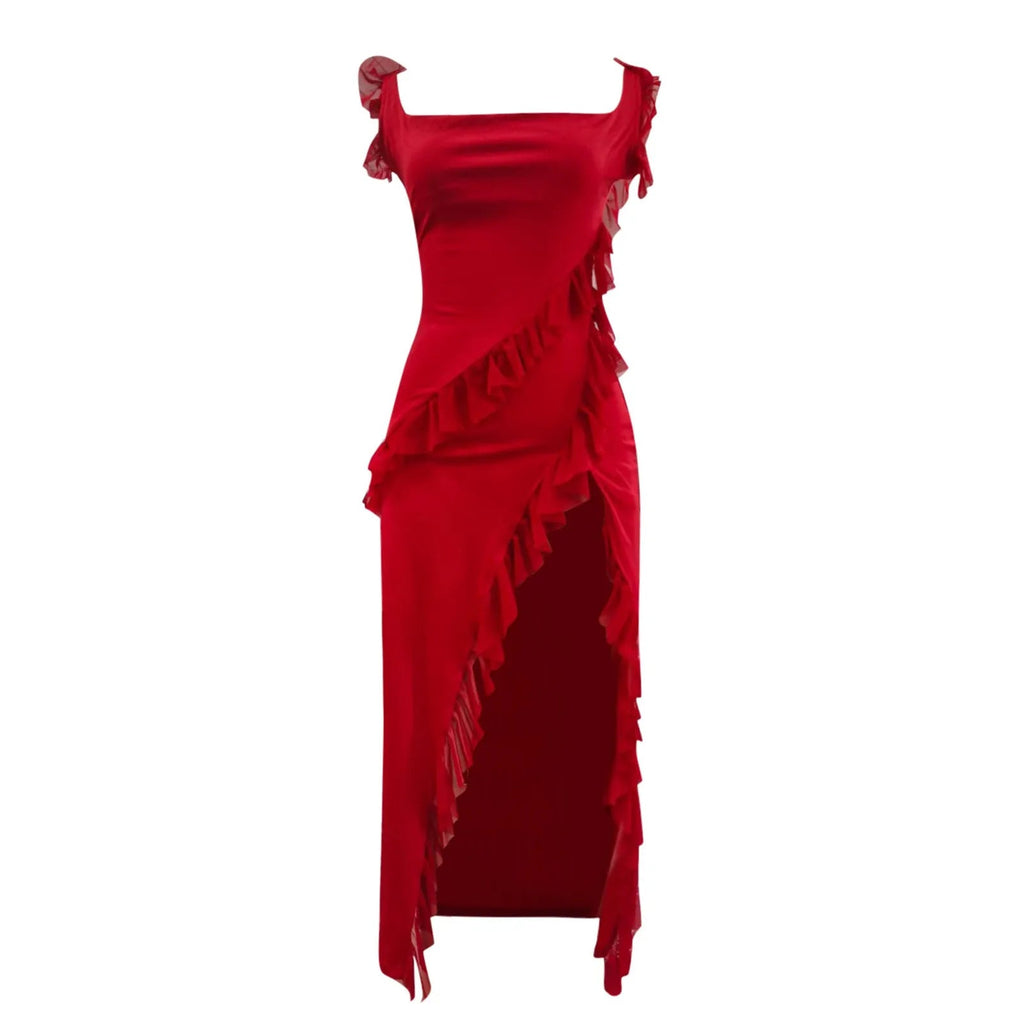 Ruffles Chiffon Backless Split Black Maxi Dress