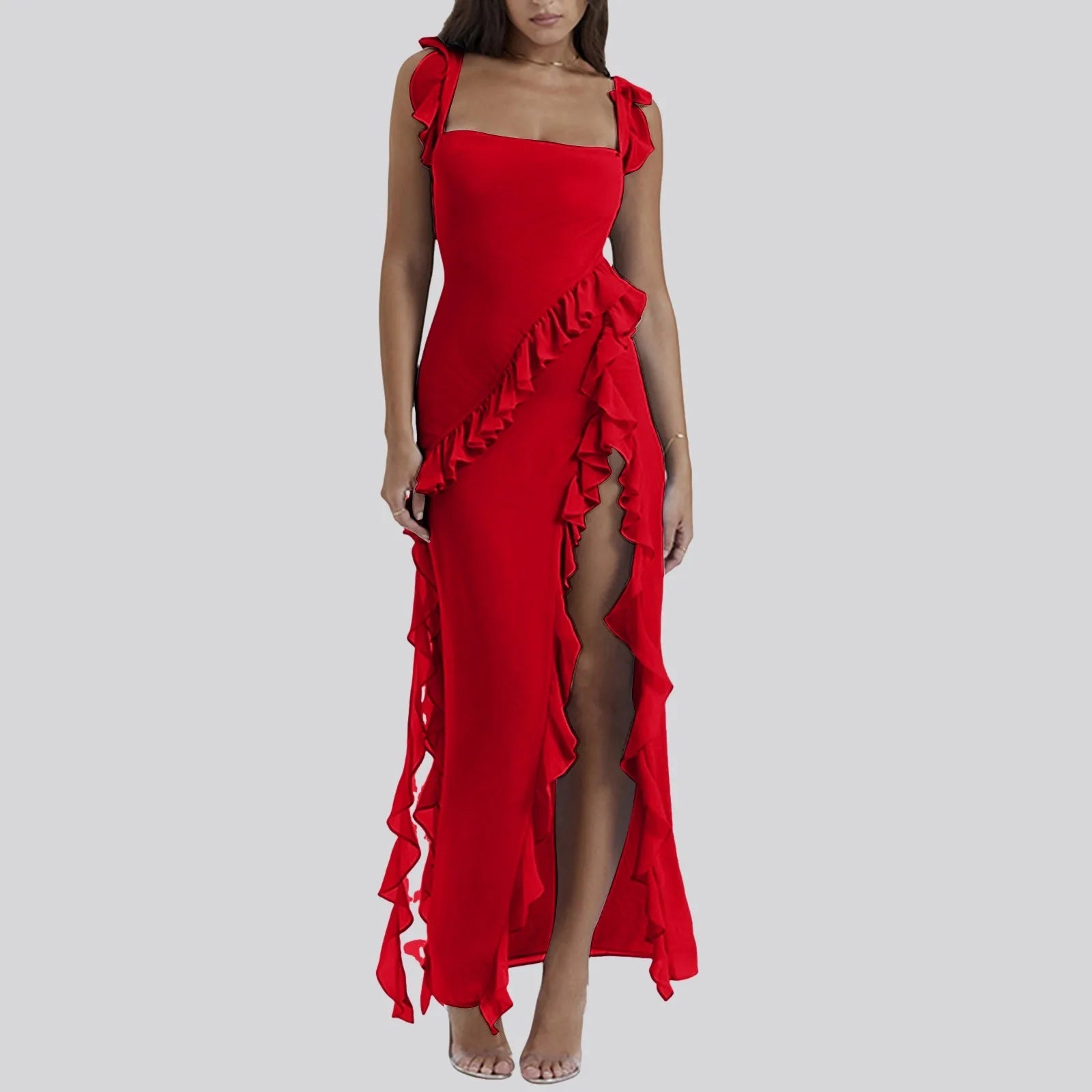 Ruffles Chiffon Backless Split Black Maxi Dress
