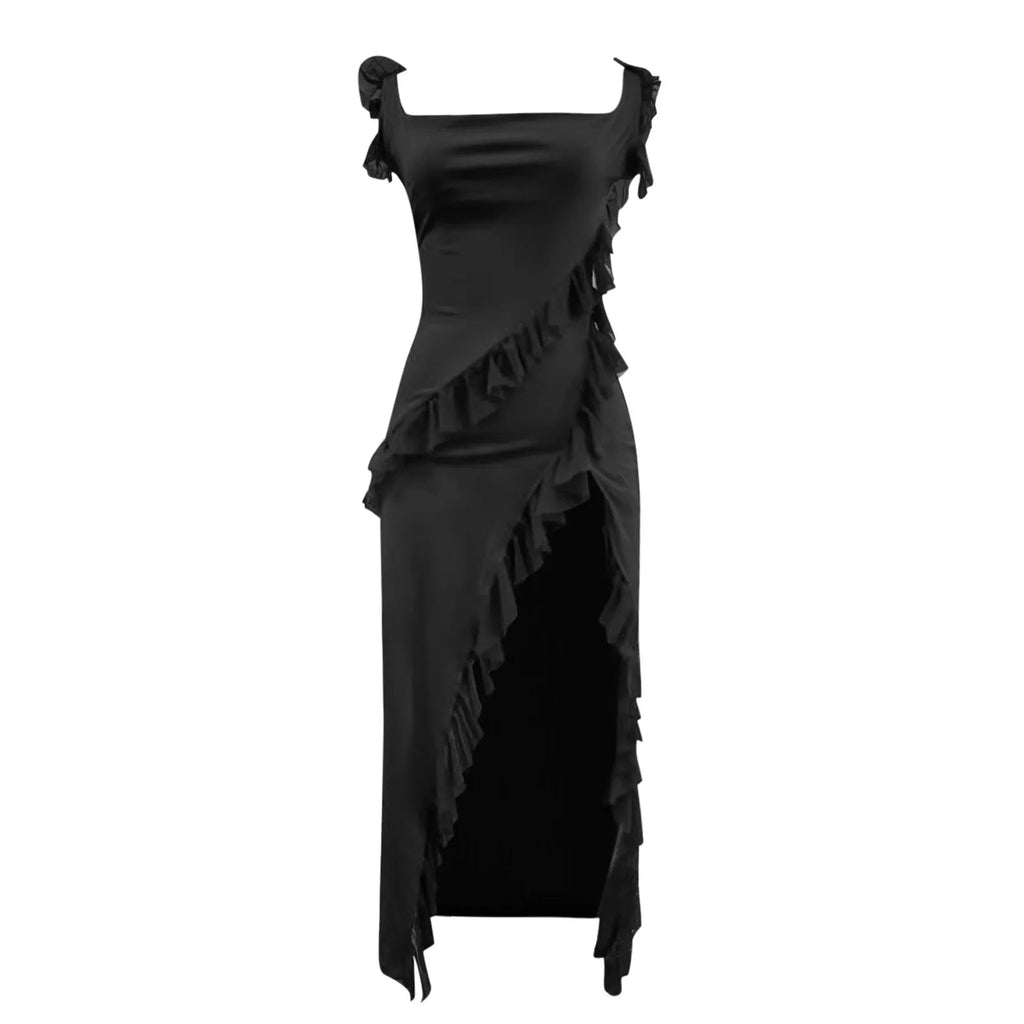Ruffles Chiffon Backless Split Black Maxi Dress