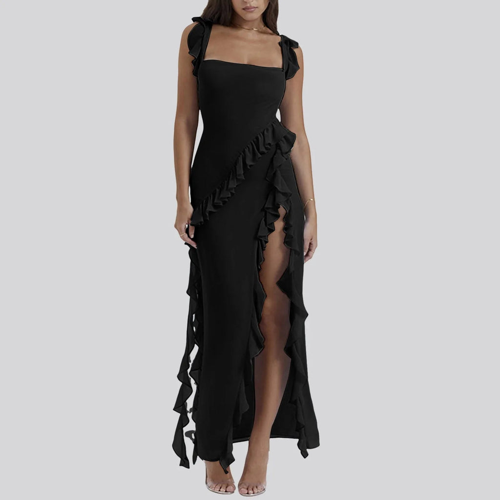Ruffles Chiffon Backless Split Black Maxi Dress