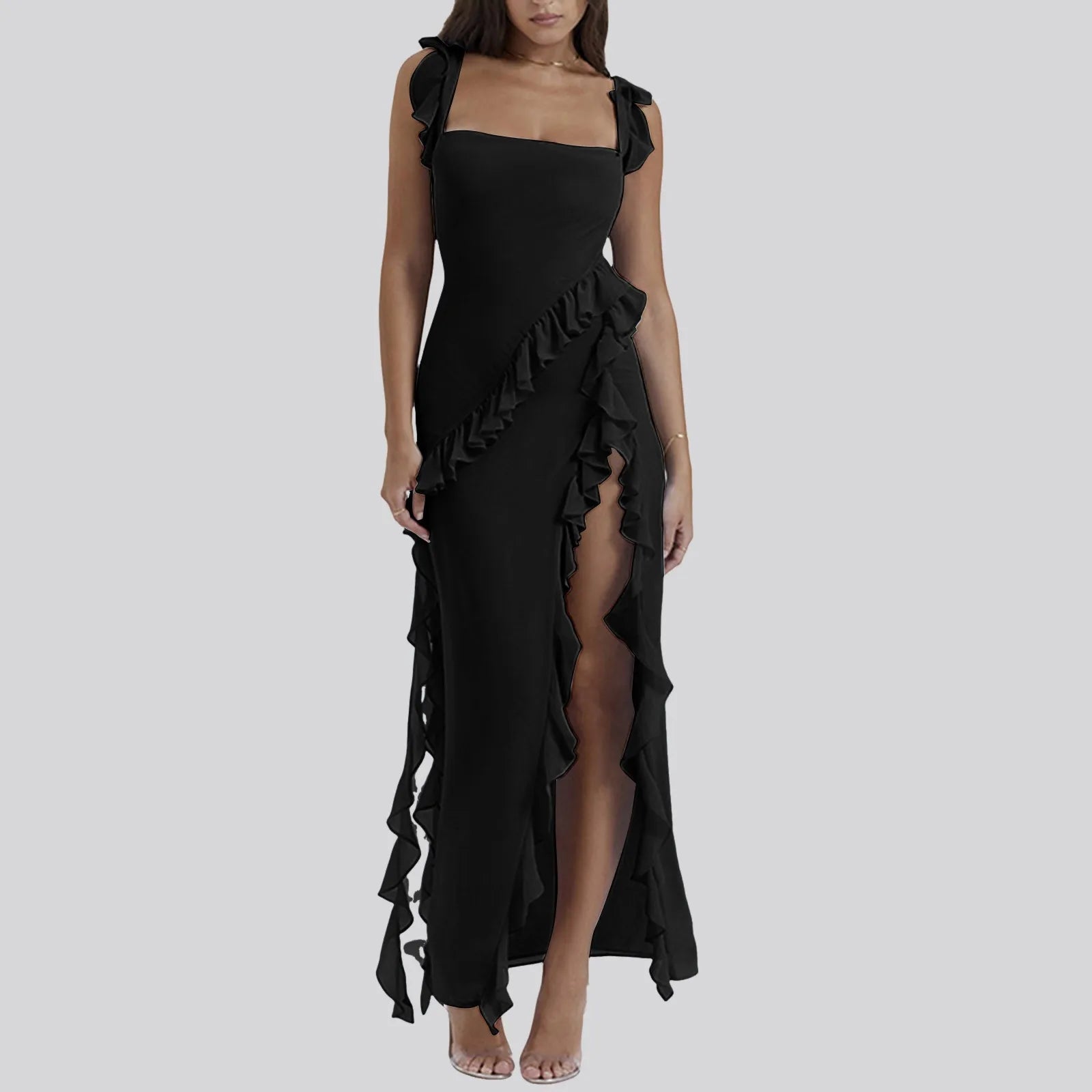 Ruffles Chiffon Backless Split Black Maxi Dress