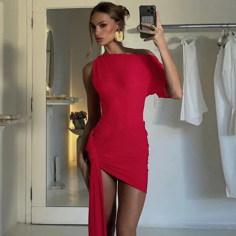 Draped Irregular Oblique Shoulder Mini Dress