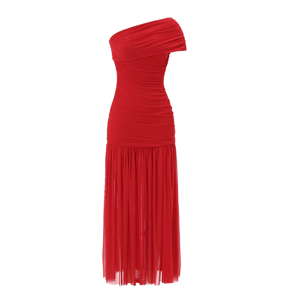 One Shoulder Mesh Sleek Maxi Dress