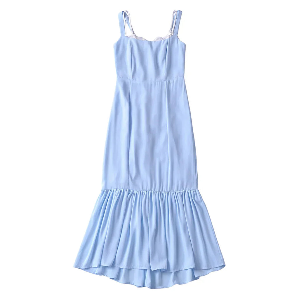 Light Blue Spliced Ruffle Hem Midi Dress