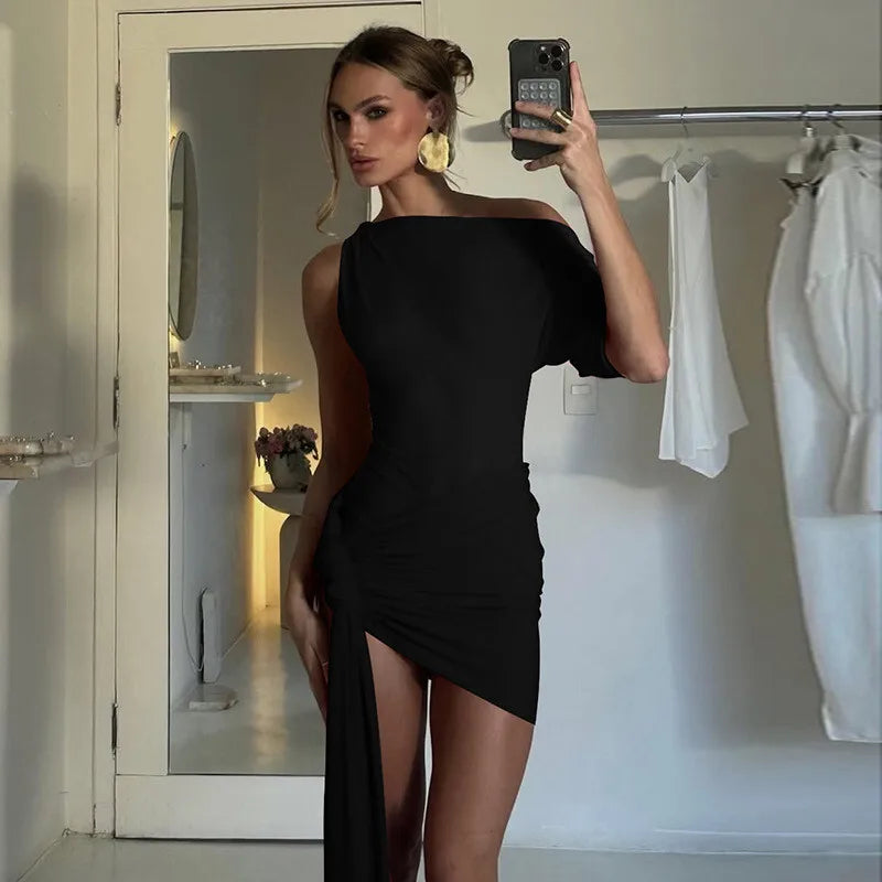 Draped Irregular Oblique Shoulder Mini Dress