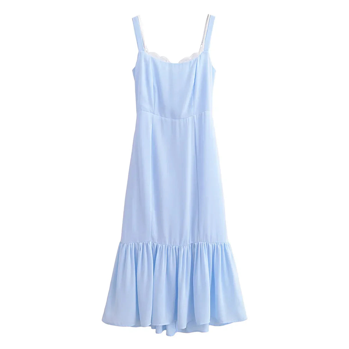 Light Blue Spliced Ruffle Hem Midi Dress